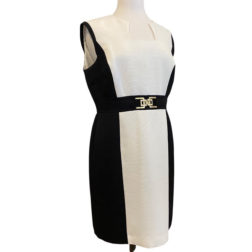 Tahari-Levine Studio Petite Black & White block Sleeveless Dress With Belt Waist